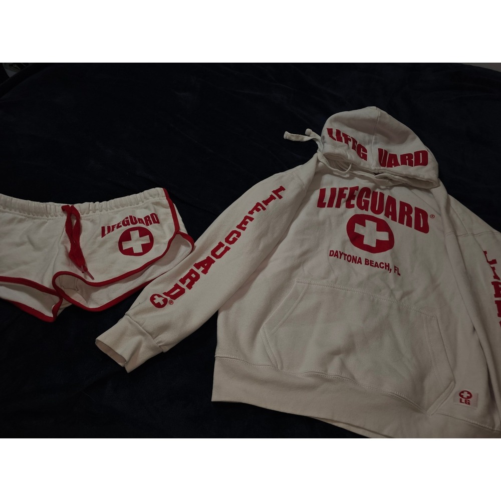 Lifeguard Daytona Beach FL Hoodie and Shorts Set White Red Women Large